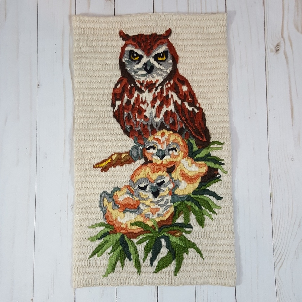 Vtg Owl Crewel Embroidery Wall Hanging Birds